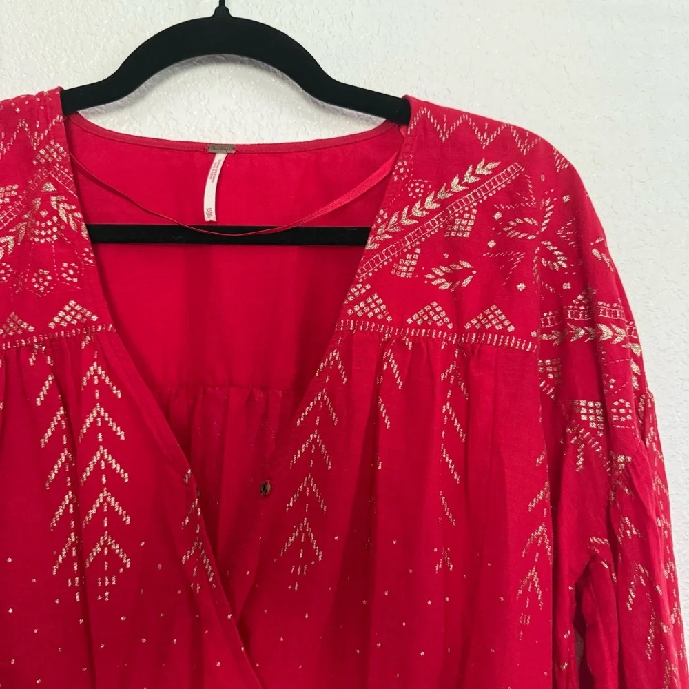 Free People Counting Stars Long Sleeve Boho Blouse in Red XS